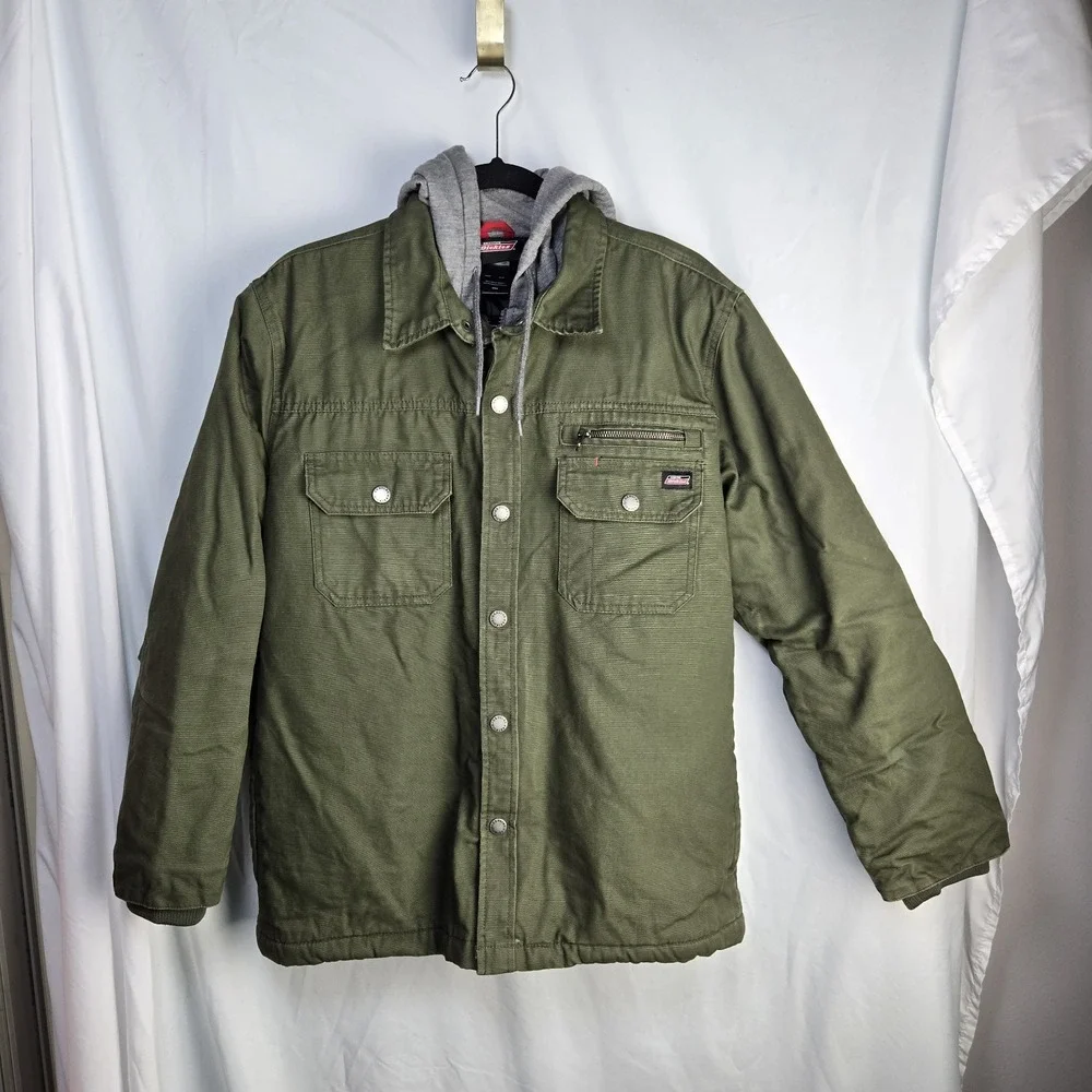 Dickies Canvas Hooded Shirt Jacket Mens Medium Olive Green Work Chore Utility